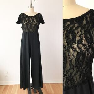 SIZE M/L 90s Black Lace Jumpsuit , Sheer‎ Top Wide Leg Jumpsuit, Sexy Lounge